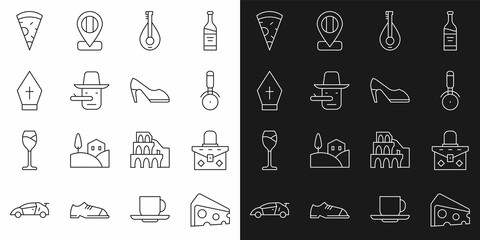 Set line Cheese, Handbag, Pizza knife, Mandolin, Pinocchio, Pope hat, Slice of pizza and Woman shoe icon. Vector