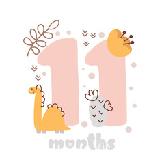 11 eleven months anniversary card. Baby shower print with cute animal dino and flowers capturing all special moments. Baby milestone card for newborn girl