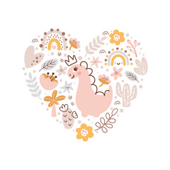 Cute Love vector kids composition in form of heart Dino Girl Greeting card landscape with dinosaur, rainbow, heart, palm, plants, flowers and stars. Cartoon Princess baby Scandinavian illustration