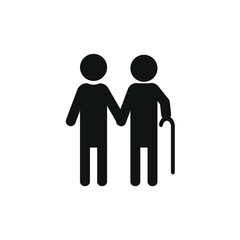 Vector image of a young man holding an old man's hand. An old man with a cane