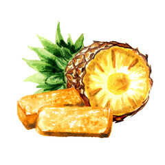 Homemade Pineapple marmalade, jam, jelly. Hand drawn watercolor illustration  isolated on white background