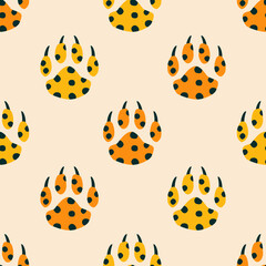 Paws of African leopards hand drawn vector illustration. Colorful safari animal seamless pattern for kids fabric or wallpaper.