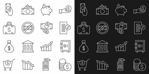 Set line Coin money with dollar, Safe, Inserting coin, Piggy bank, No, Briefcase and, Fast payments and Stacks paper cash icon. Vector