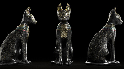 3d render three egypt cats in dark background