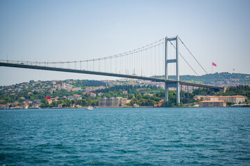The Bosphorus Bridge and boats in Istanbul, Turkey