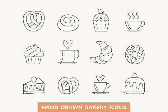 Coffee cup and pastry outline icon set