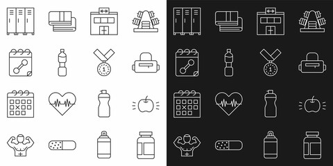 Set line Sports nutrition, Apple, bag, Gym building, Bottle of water, Calendar fitness, Locker changing room and Medal icon. Vector