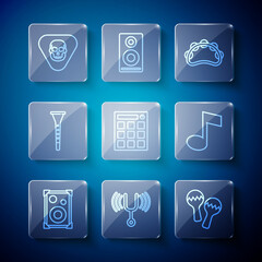 Set line Stereo speaker, Musical tuning fork, Maracas, Tambourine, Drum machine, Clarinet, Guitar pick and note, tone icon. Vector