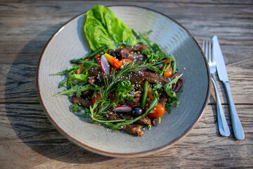 Fresh grilled vegetable salad of tomatoes, radish, green salad leaves, cucumbers, italian mix, asparagus. Healthy food.