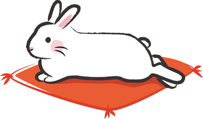 筆で描いたような横向きのくつろぐ白いウサギ(座布団付き)