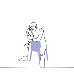 man sits on a chair incorrectly with his hands resting on the back of the chair - one line drawing vector. concept informal sitting posture