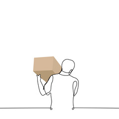 man carries craft box on his shoulder - one line drawing vector. concept courier or loader carries a box or crate
