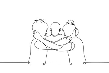 men grabbed each other and the third grabbed them both by the hair - one line drawing vector. the concept of a fight, break up a fight, punish behavior