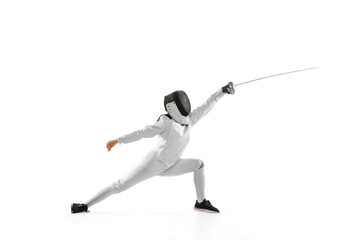 Fototapeta na wymiar Young girl, beginner fencer in fencing costume and mask practicing with rapier isolated on white background. Sport, youth, healthy lifestyle, achievements.