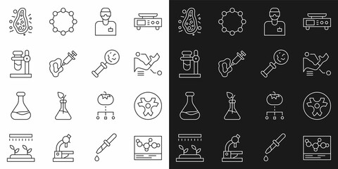 Set line Chemical formula, Biohazard symbol, Prosthesis hand, Laboratory assistant, Syringe, Test tube flask on stand, Bacteria and Microorganisms under magnifier icon. Vector