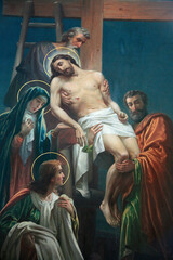 Fototapeta premium Painting in Aghios Andreas monastery church on Mount Athos : Jesus taken from the cross
