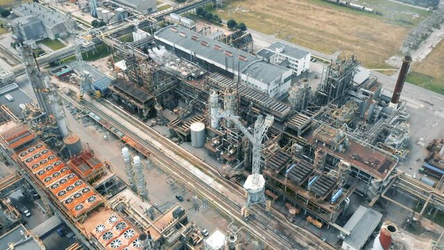 Rusty Old Working Factory, Huge Area, Smoke and Air Pollution, Smokestacks, Heavy Industry, Exterior, Aerial View