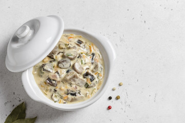 Vegan mushroom pasta sauce in pot. Top view, copy space.