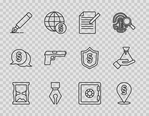 Set line Old hourglass, Location law, Document and pen, Fountain nib, Pistol or gun, Safe and Bribe money bag icon. Vector