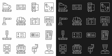 Set line Train conductor, News, Ticket office buy tickets, Toilet the train car, Cargo wagon, Railway barrier, High-speed and station board icon. Vector