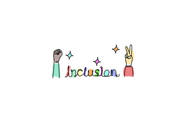 Inclusion and diversity concept. Hand drawn word inclusion. Multiethnic hands form a peace sign and a fist