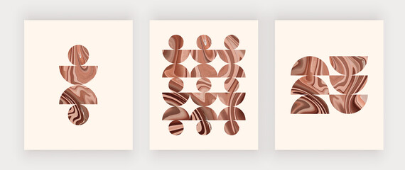 Rose gold mid century wall art prints with geometric liquid texture shapes
