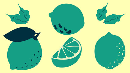 Set of slice and whole lime or lemon. Flat vector illustration isolated. Vector clip art