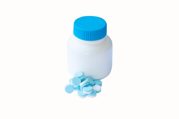 Paracetamol with a white plastic bottle with a blue cap also known or oral medicine as acetaminophen pill medication used to treat mild moderate pain and fever isolated on a white background.