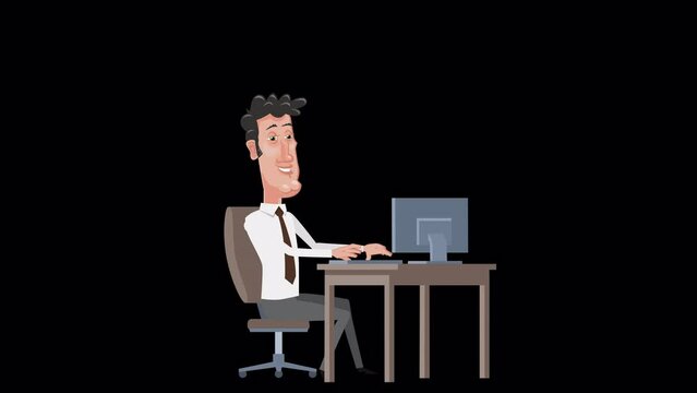 Cartoon male clerk character working with computer at workplace animation with alpha channel