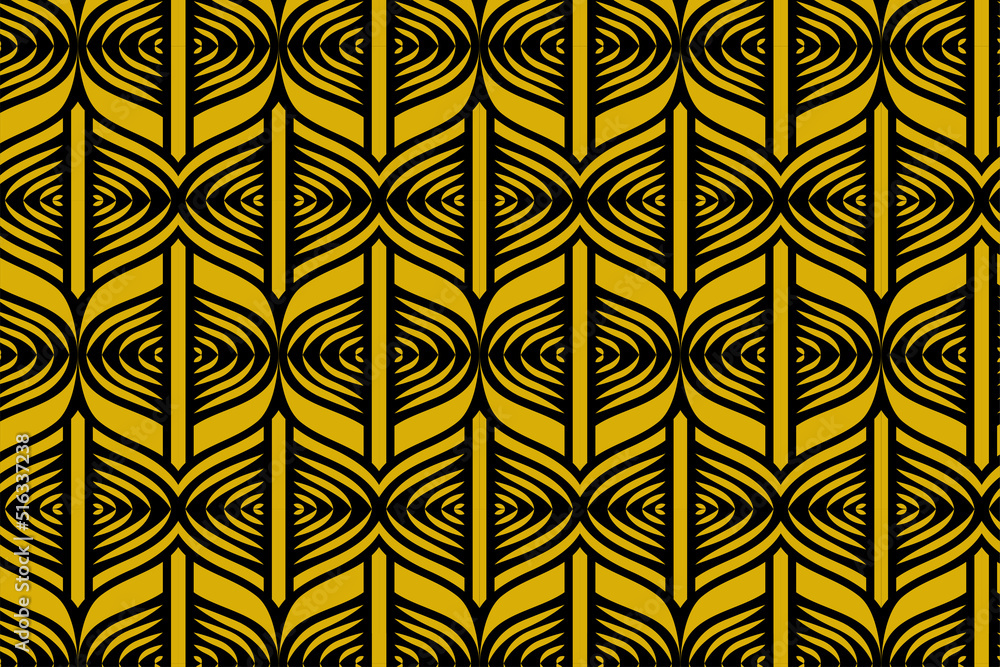 Poster abstract symmetric curve pattern wallpaper design in gold and black colors. seamless vector texture 
