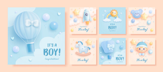 Set of baby shower invitation with cartoon boy, horse, hot air balloon, rocket, helium balloons on blue and beige background. It's a boy. Vector illustration