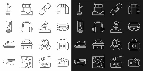 Set line Ice hockey goal, First aid kit, Ski goggles, Snowboard, Winter headphones, Meteorology thermometer, Location marker and Road traffic signpost icon. Vector