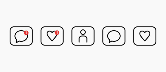 Vector illustration. The social set includes icons: new message, new like, contact, message, like.