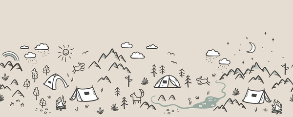 Cute hand drawn vector seamless pattern with camping doodles, tents, landscape and trails, great for textiles, banners, wallpapers-