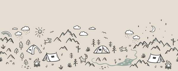 Cute hand drawn vector seamless pattern with camping doodles, tents, landscape and trails, great for textiles, banners, wallpapers- © TALVA