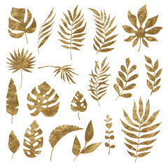 Watercolor set of golden tropical leaves. 