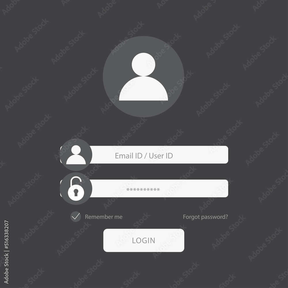 Poster flat login form design with lock icon on black background. vector.