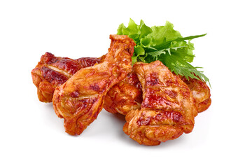 Buffalo BBQ Chicken Legs with lettuce salad leaf, isolated on white background.