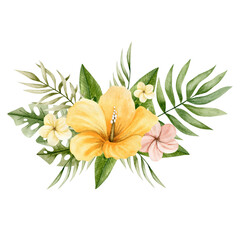 Watercolor illustration of a bouquet of tropical flowers. flower arrangement