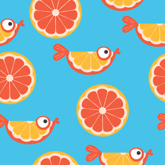 Colorful seamless pattern with orange slices and cute orange fish. Vector illustration.