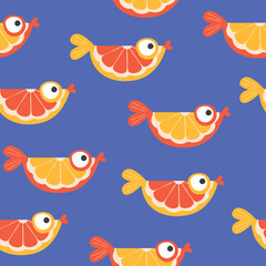 Colorful seamless pattern with orange slices and cute orange fish. Vector illustration.