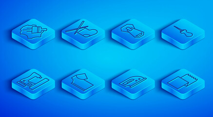 Set line Leather, Knitting needles, Zipper, Sewing pattern, Electric iron, Awl tool, machine and Textile fabric roll icon. Vector