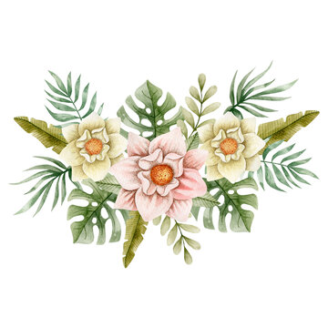 Watercolor illustration of a bouquet of tropical flowers. flower arrangement