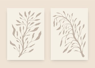 Floral abstract posters. Contemporary botanical print, hand drawn doodle leaves, modern Matisse inspired collage set. Vector art