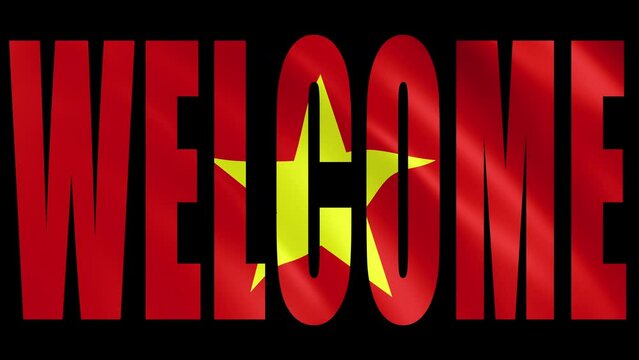 Welcome Sign silhouette with Vietnamese flag waving in the wind. seamless loopable animation.