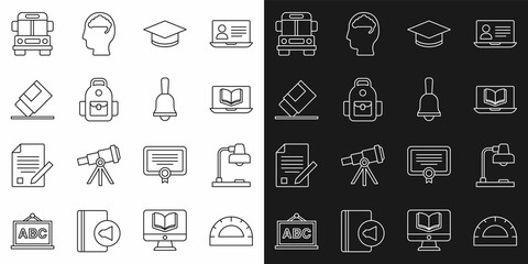 Set line Protractor grid, Table lamp, Online class, Graduation cap, School backpack, Eraser rubber, Bus and Ringing bell icon. Vector