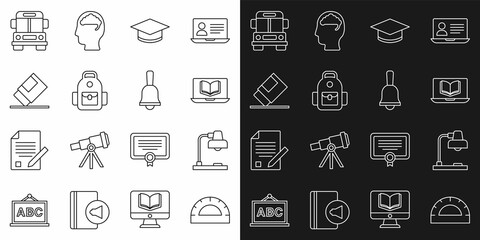 Set line Protractor grid, Table lamp, Online class, Graduation cap, School backpack, Eraser rubber, Bus and Ringing bell icon. Vector