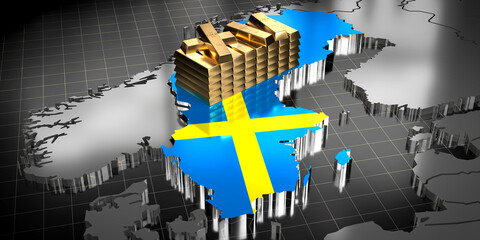 Sweden map and flag, gold ingots - 3D illustration