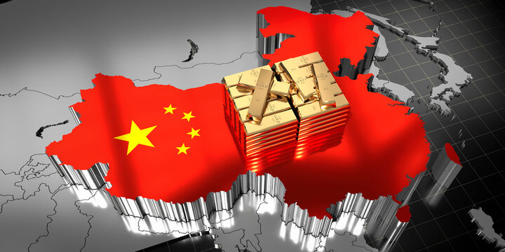 China map and flag, gold ingots - 3D illustration