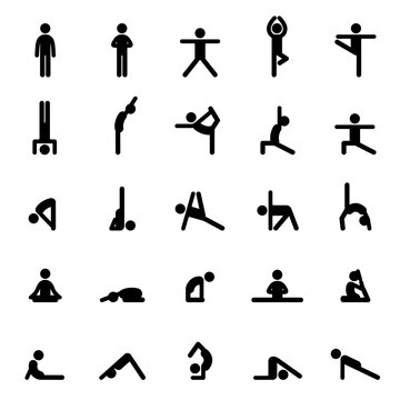 Set of icons doing yoga exercises. Stretching and relaxing in many different yoga poses. Black shapes of person isolated on white background. Yoga complex.